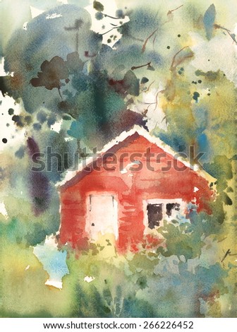Watercolor Red Cabin House In The Woods Fores Nature Recreation Vacation Lifestyle Illustration Hand Painted