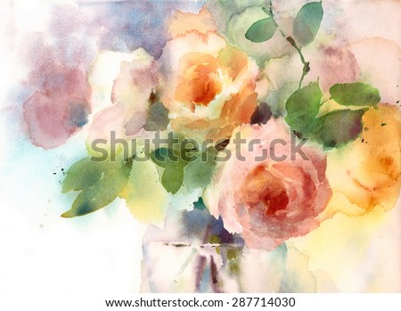 Watercolor Roses Flowers In The Vase Floral Background Texture Hand Painted