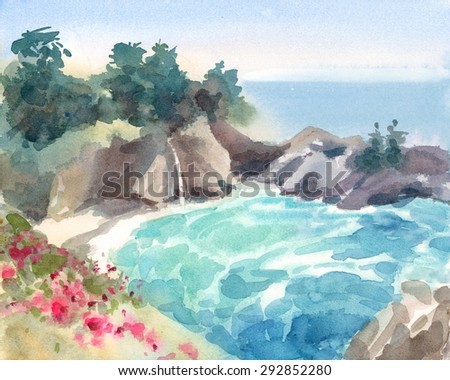 Watercolor California Coast Seascape Scenic Ocean Shore with Waterfall and Pink Flowers Hand Painted Illustration