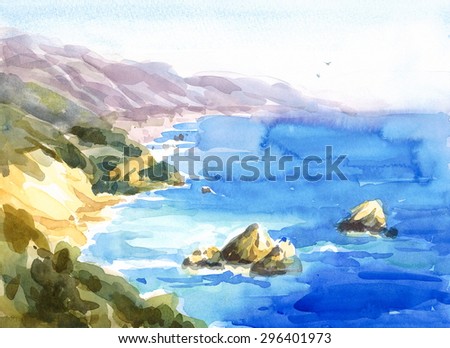 Watercolor California Coast Seascape Scenic Blue Ocean Shore Hand Painted Illustration