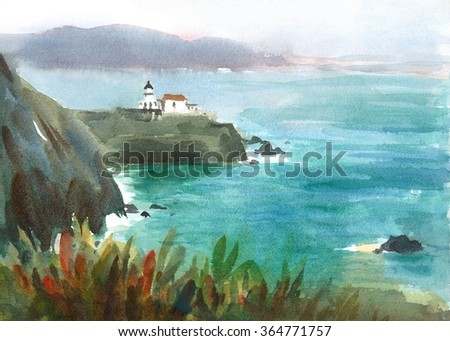 Watercolor Lighthouse Seascape Ocean Coast California Coastline Hand Painted Illustration