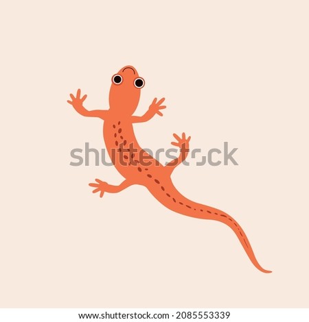 Vector isolated illustration with cute  exotic reptile, iguana, lizard in flat simple style on beige background. Children's color picture, hand-drawn print. Cartoon, kind, funny, smiling.