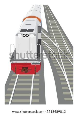 Passenger train running on double track. Top view. Simple flat illustration in perspective view.