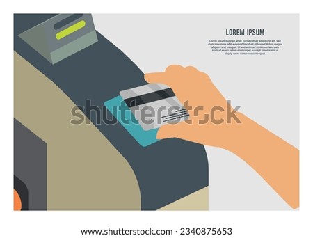 Hand tapping card on turnstile machine. Simple flat illustration