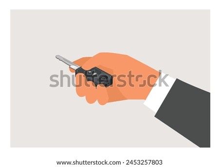 Businessman hand pushing car key button. Simple flat illustration.