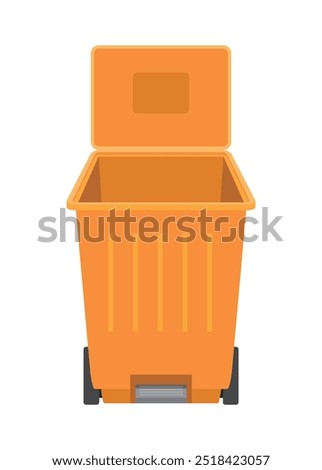 Opened empty wheeled trash bin with step pedal. Simple flat illustration.