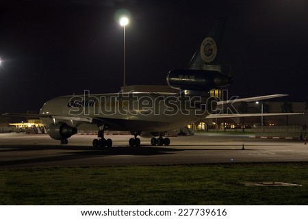 Luqa, Malta December 3, 2007: Night shot of Gemini Air Cargo McDonnell Douglas DC-10-30(F) in apron 9.