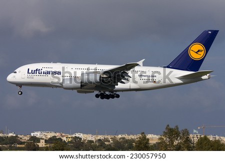 Luqa, Malta March 19, 2011: Lufthansa Airbus A380-841 the first and only A380 to land in Malta till now (2014).