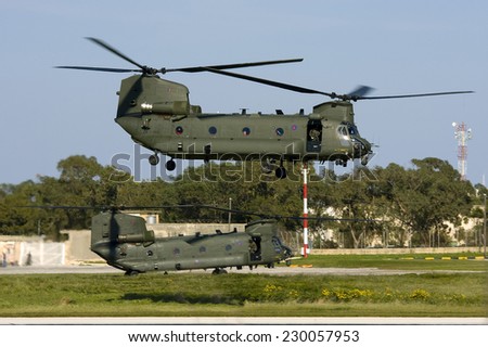 Luqa, Malta March 9, 2011: Royal Air Force Boeing Chinook HC2 (352) lifting off from apron 8.