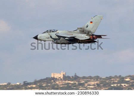 Luqa, Malta September 29, 2014: German Air Force (Luftwaffe) Panavia Tornado IDS performing a high speed pass on runway 23 before leaving Malta.