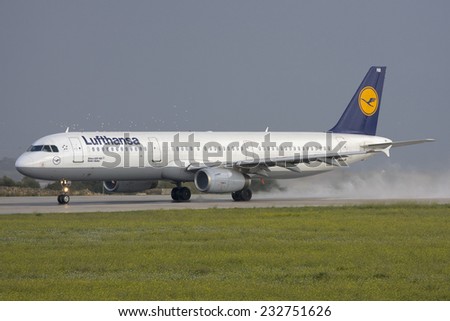 Luqa, Malta November 11, 2007: Lufthansa Airbus A321-131 starting its take off runway 31.