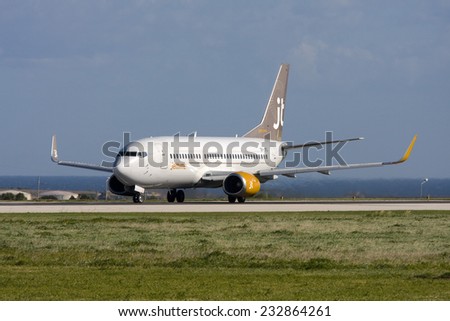 Luqa, Malta January 7, 2012: Jet Time Boeing 737-3L9 lined up for take off runway 31.