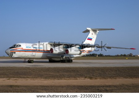 Luqa, Malta August 10, 2005: MChS Rossii (Russia Ministry for Emergency Situations)\
Ilyushin Il-76TD parked in apron 4.