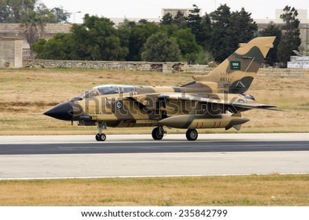 Luqa, Malta May 9, 2008: Saudi Arabian Air Force Panavia Tornado IDS backtracking runway 14 after landing.