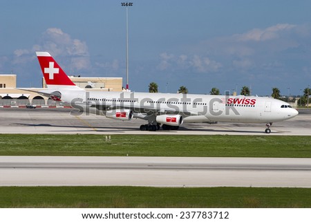 Luqa, Malta November 10, 2004: Swiss International Air Lines Airbus A340-313 on pilot training flights in Malta.