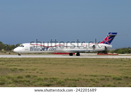 Luqa, Malta July 5, 2007: BritishJet (Hello) McDonnell Douglas MD-90-30 awaiting take off clearance on runway 32. Short lived low-cost airline, operating to the UK.