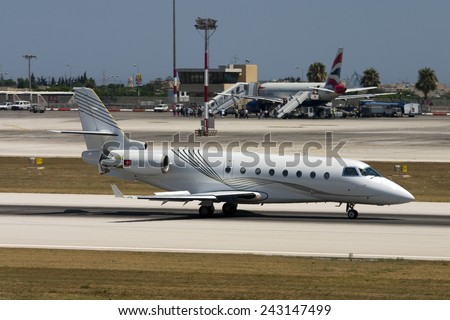 Luqa, Malta July 19, 2007: TAG Aviation Israel Aircraft Industries IAI-1126 Galaxy landing runway 14 in midday.