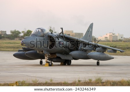 Luqa, Malta July 22, 2007: Royal Air Force British Aerospace Harrier GR9 parked in apron 4 early morning.