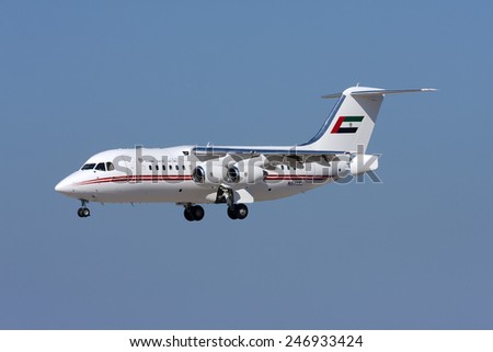 Luqa, Malta June 20, 2008: United Arab Emirates (Dubai Air Wing) British Aerospace Avro 146-RJ85A landing runway 31.