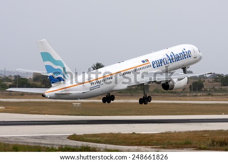 Luqa, Malta May 11, 2008: Euro Atlantic Airways Boeing 757-2G5 takes off from runway 14.