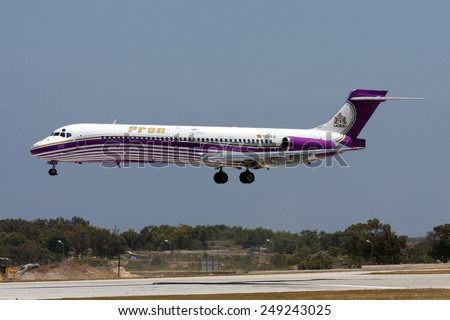 Luqa, Malta May 20, 2008: Pronair McDonnell Douglas MD-87 (DC-9-87) landing runway 32.