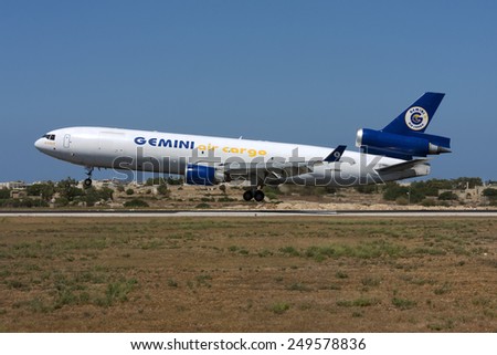 Luqa, Malta July 23, 2008: Gemini Air Cargo McDonnell Douglas MD-11(F) on finals runway 31.