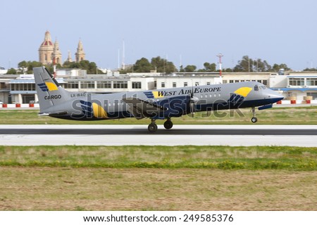Luqa, Malta December 29, 2008: West Air Europe Cargo British Aerospace ATP(F) landing runway 14.