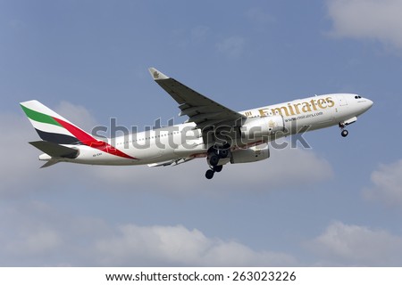 Luqa, Malta March 21, 2015: Emirates Airbus A330-243 lifting off early from runway 13.