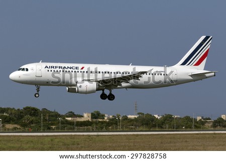 Luqa, Malta July 19, 2015: Air France Airbus A320-214 arriving runway 31 from Toulouse.