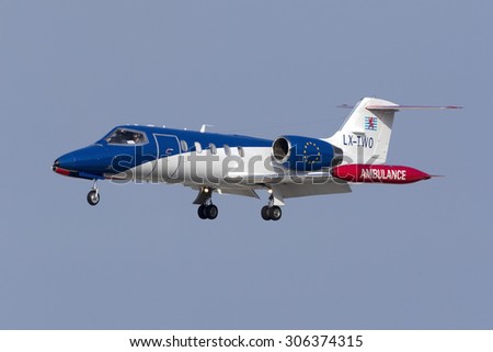 Luqa, Malta August 14, 2015: Luxembourg Air Ambulance Learjet 35A/ZR on finals for runway 31.