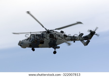 Luqa, Malta September 25, 2015: Royal Navy (Black Cats Display Team) Agusta Westland AW-159 Wildcat HMA2 on a rehearsal session for the upcoming Airshow the next 2 days.