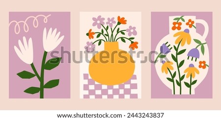 Cutout floral poster designs. Bright summer vector prints set. Modern flower in vase illustration. Botanical backgrounds