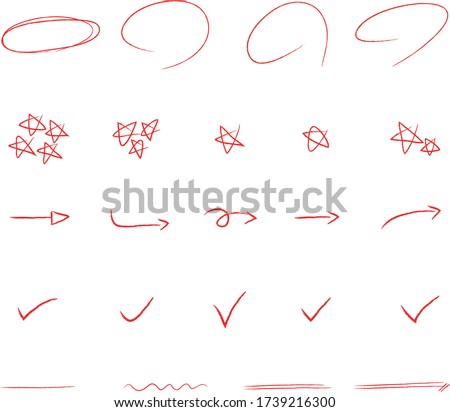 Red pencil illustration vector image, circle, check, underlines, star shape, doodle image