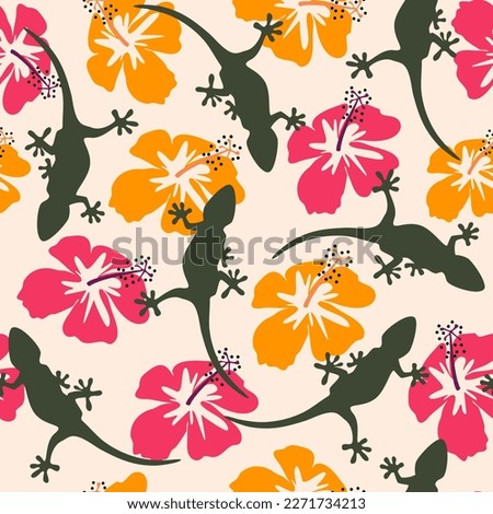 hand drawn cute seamless vector pattern background illustration with colorful hibiscus flowers and green lizard silhouette