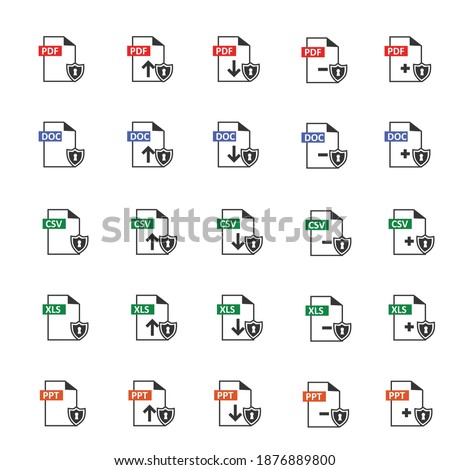 document file extensions with red labels isolated on white with encryption  or  potect by antivirus