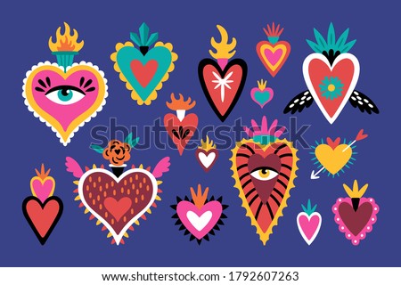 Cute set of mexican sacred hearts for Day of the dead Dia de los Muertos holiday. Childish print for cards, stickers, patches and apparel. Vector illustration