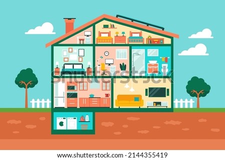 Eco friendly house interior with living room, kitchen, bathroom, home office and bedroom. Modern home vector illustration