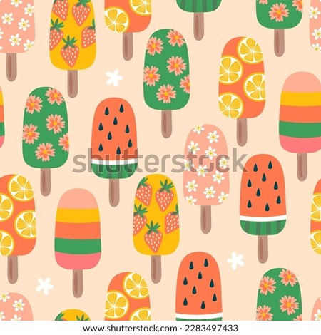 Summer seamless pattern design with cute ice cream and popsicle. Childish print for cards, wallpaper and background. Vector Illustration