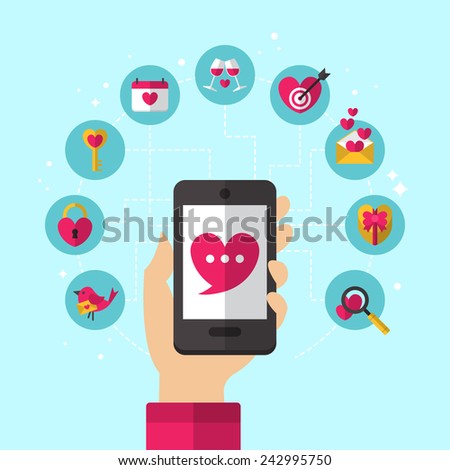 Dating smartphone app concept with flat icons design. Valentine’s Day holiday icons