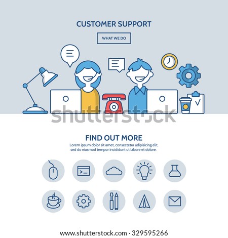 Customer support website hero image concept. One page website design with flat thin line icons.