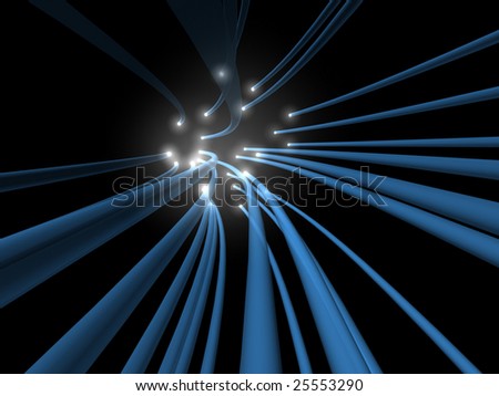 Bunch of the blue optical fibers finding it\'s way in dark. For other similar images from the series, please, check my portfolio.