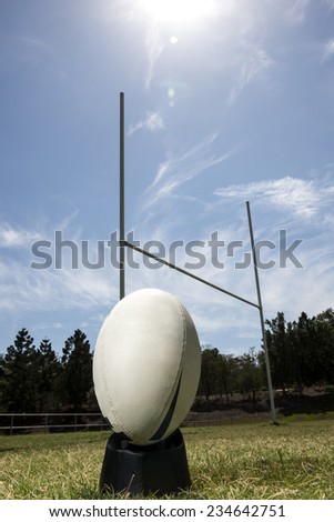 Rugby ball on a tee, waiting to be kicked through the goal posts.