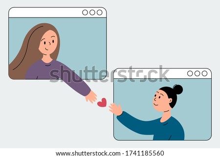 video call mother with daughter online/ two girlfriends conversation on zoom, love and support through distance, vector flat illustration EPS