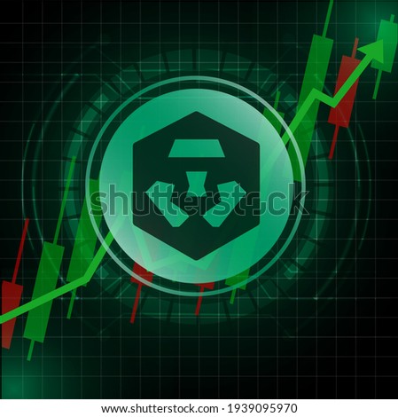 Crypto.com Coin (CRO) cryptocurrency value price going up concept design. Glowing Dash Coin on Green candle stick charts with black and green background.Vector Illustration.EPS10.