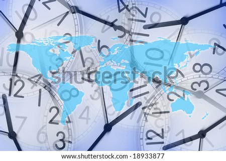 close up shot of world map in several clocks