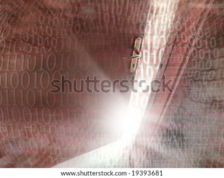 Digitally Generated Image of door opening and binary code coming out