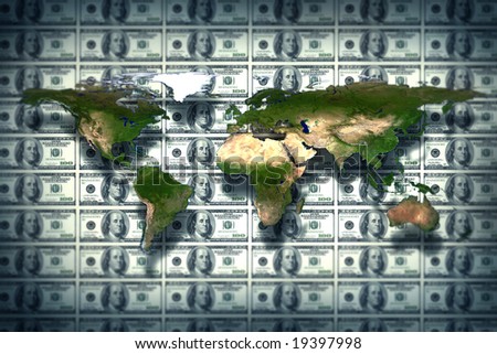 close up shot of world map on American dollar background