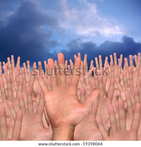 single hand in front of several hands on blue background