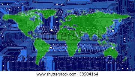 flat world map on blue computer circuitboard