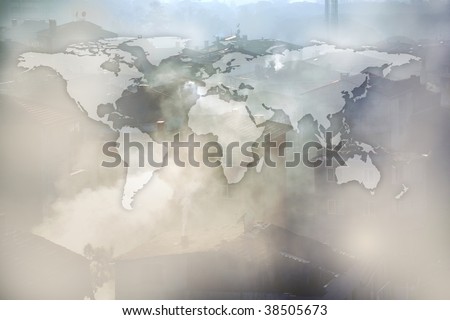 flat world map and air pollution image of houses and smoke